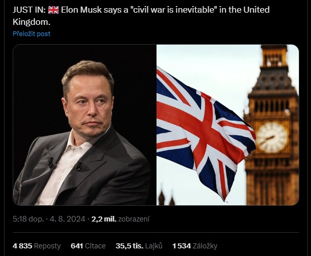 Elon Musk: „Občanská válka v Británii je nevyhnutelná“